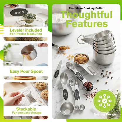 Magnetic Measuring Cups & Spoons Set of 15 with Leveler