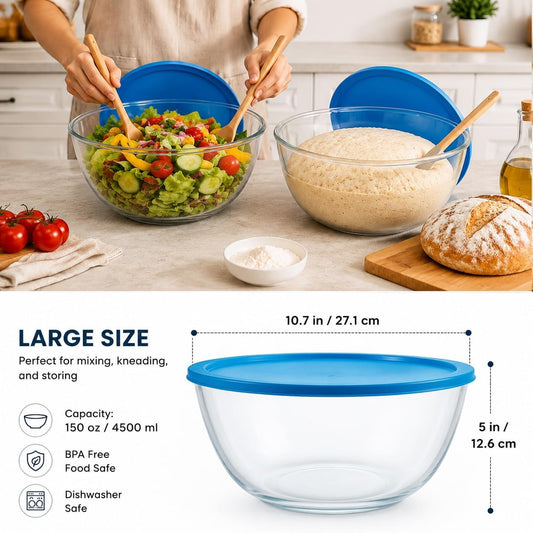 Glass Sourdough Mixing Bowls with Lids, 2-Pack Large Capacity Clear Bowls, 4.76 Quart for Bread Making, Perfect for Mixing, Proofing, Storing Dough