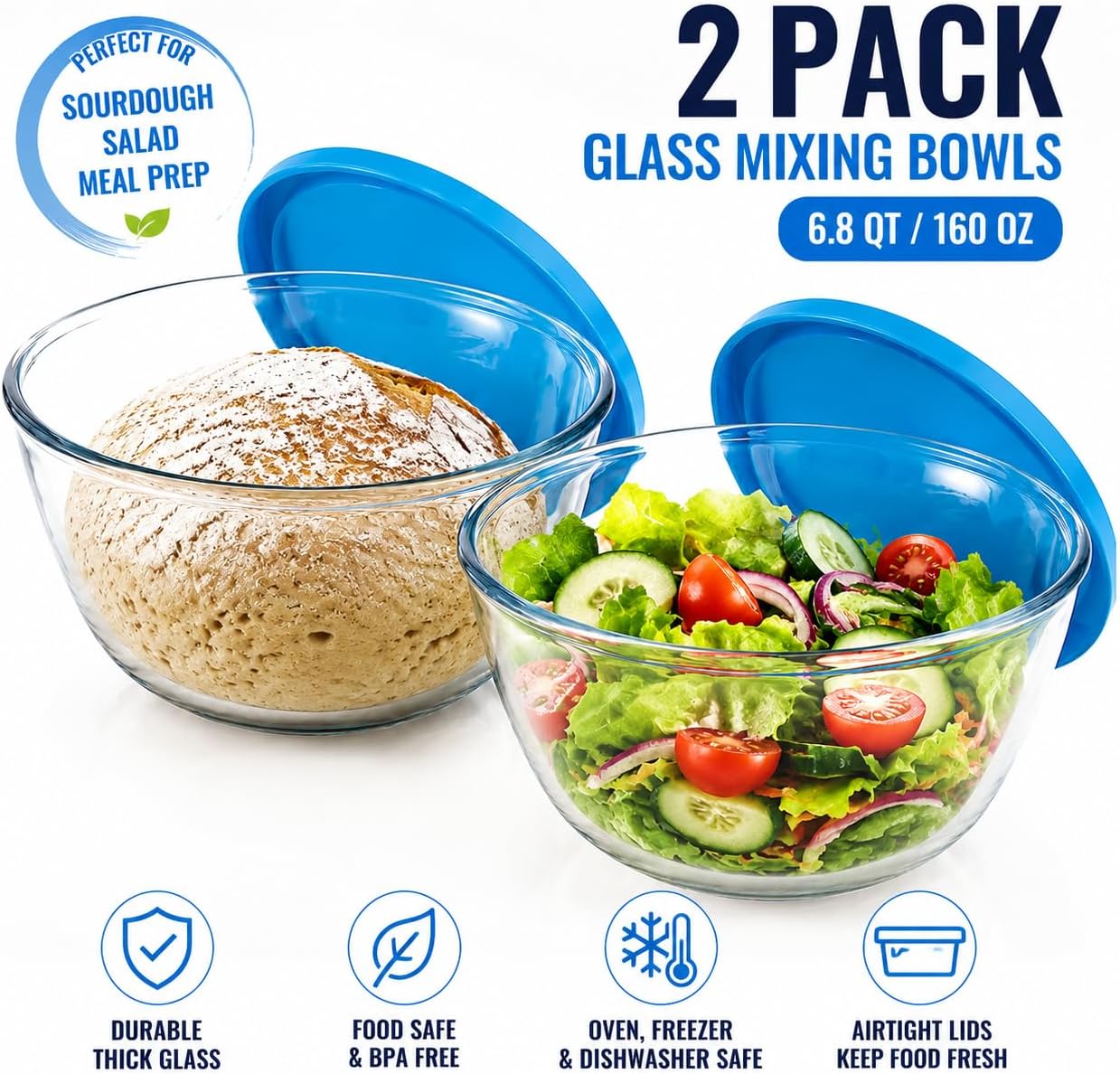 Glass Sourdough Mixing Bowls with Lids, 2-Pack Large Capacity Clear Bowls, 4.76 Quart for Bread Making, Perfect for Mixing, Proofing, Storing Dough