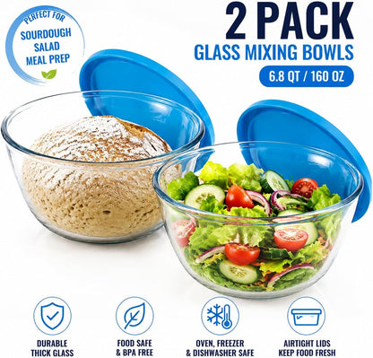 Glass Sourdough Mixing Bowls with Lids, 2-Pack Large Capacity Clear Bowls, 4.76 Quart for Bread Making, Perfect for Mixing, Proofing, Storing Dough