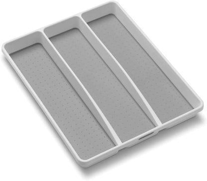 Classic 3 Compartment Utensil Tray, White | non slip feet, rounded corners, soft grip lining, wide channels, spatulas whisks tongs, ladles serving spoons, woman owned