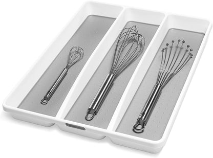 Classic 3 Compartment Utensil Tray, White | non slip feet, rounded corners, soft grip lining, wide channels, spatulas whisks tongs, ladles serving spoons, woman owned