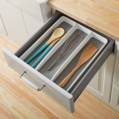 Classic 3 Compartment Utensil Tray, White | non slip feet, rounded corners, soft grip lining, wide channels, spatulas whisks tongs, ladles serving spoons, woman owned