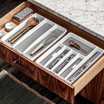 Classic 3 Compartment Utensil Tray, White | non slip feet, rounded corners, soft grip lining, wide channels, spatulas whisks tongs, ladles serving spoons, woman owned
