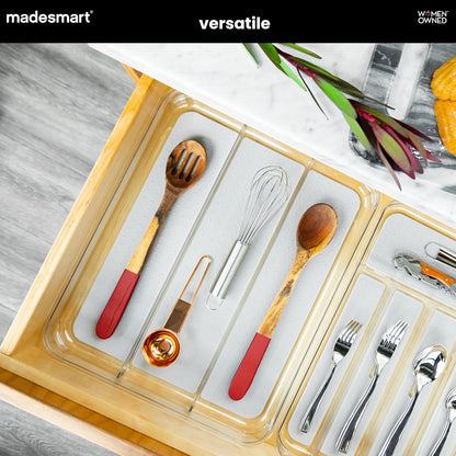 Classic 3 Compartment Utensil Tray, White | non slip feet, rounded corners, soft grip lining, wide channels, spatulas whisks tongs, ladles serving spoons, woman owned