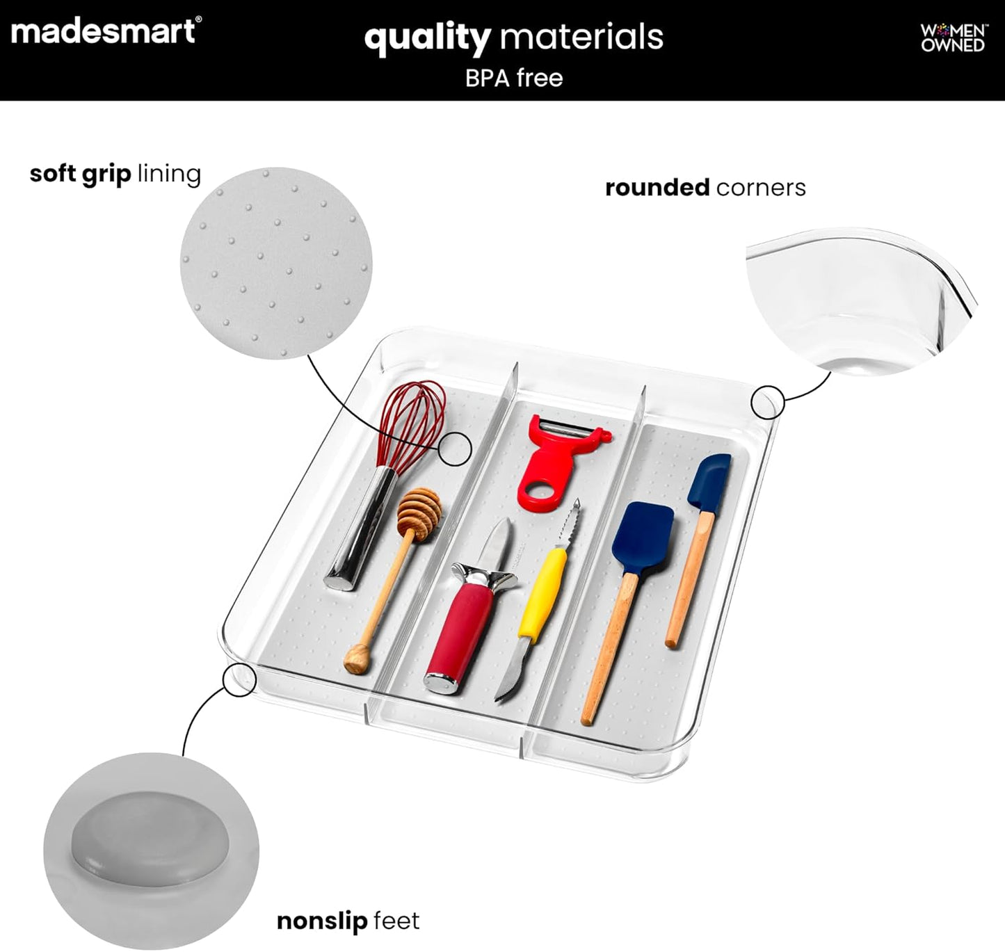 Classic 3 Compartment Utensil Tray, White | non slip feet, rounded corners, soft grip lining, wide channels, spatulas whisks tongs, ladles serving spoons, woman owned