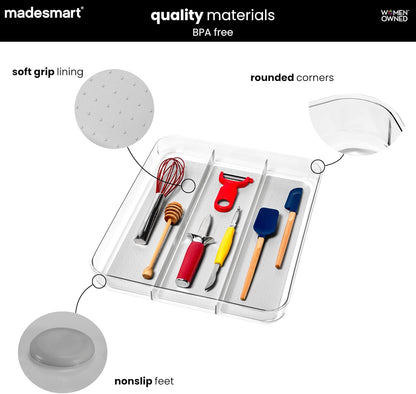 Classic 3 Compartment Utensil Tray, White | non slip feet, rounded corners, soft grip lining, wide channels, spatulas whisks tongs, ladles serving spoons, woman owned