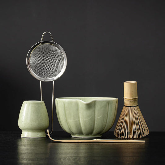 Matcha Whisk Set, Matcha Set Includes Ceramic Matcha Bowl, Bamboo Whisk, Scoop, Chasen Holder, Sifter, 5 Pcs Perfect Matcha Kit for Matcha Lover (Mottled Green)