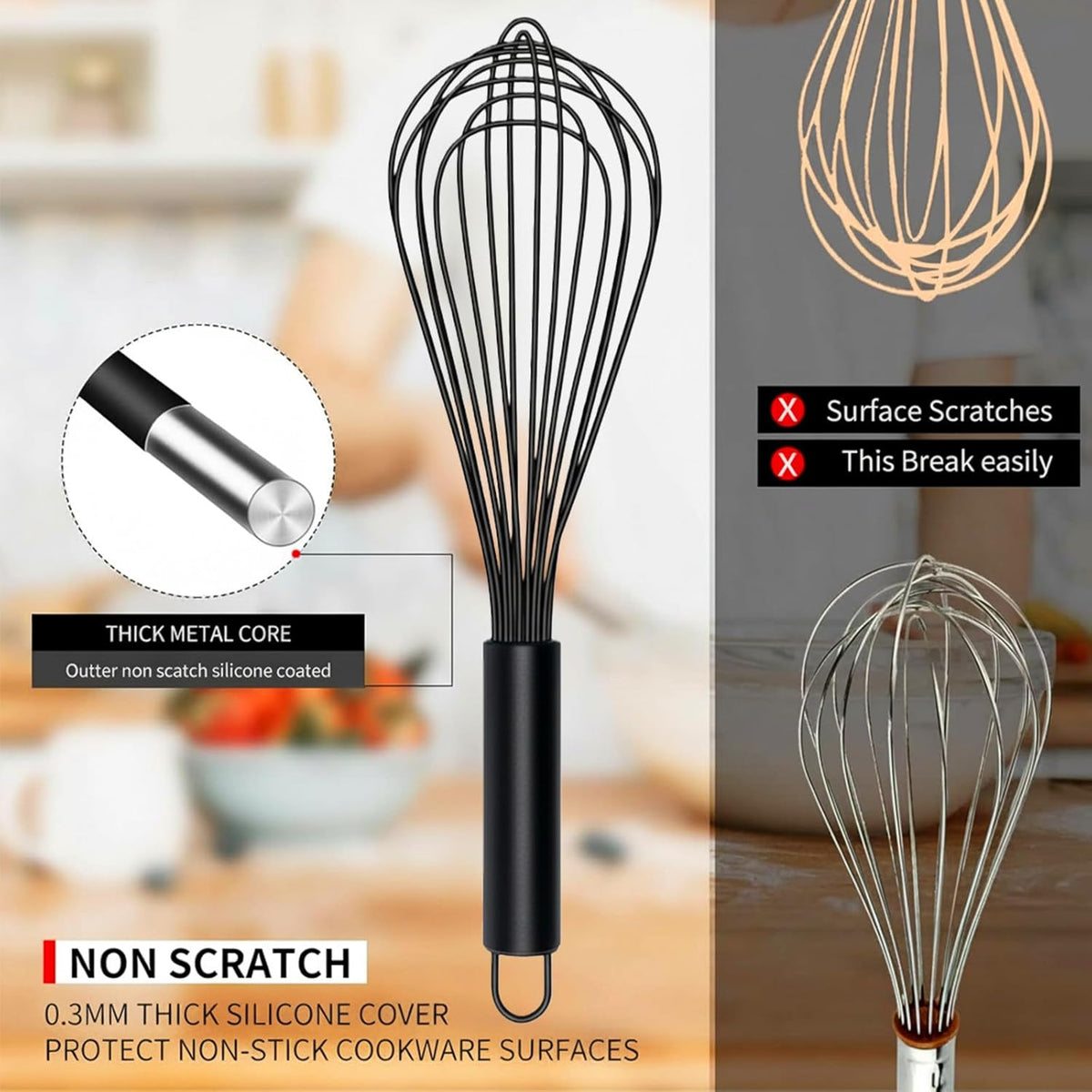 Silicone Whisk Set, Stainless Steel Handle, Heat Resistant Nonstick