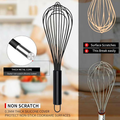 Silicone Whisk Set, Stainless Steel Handle, Heat Resistant Nonstick