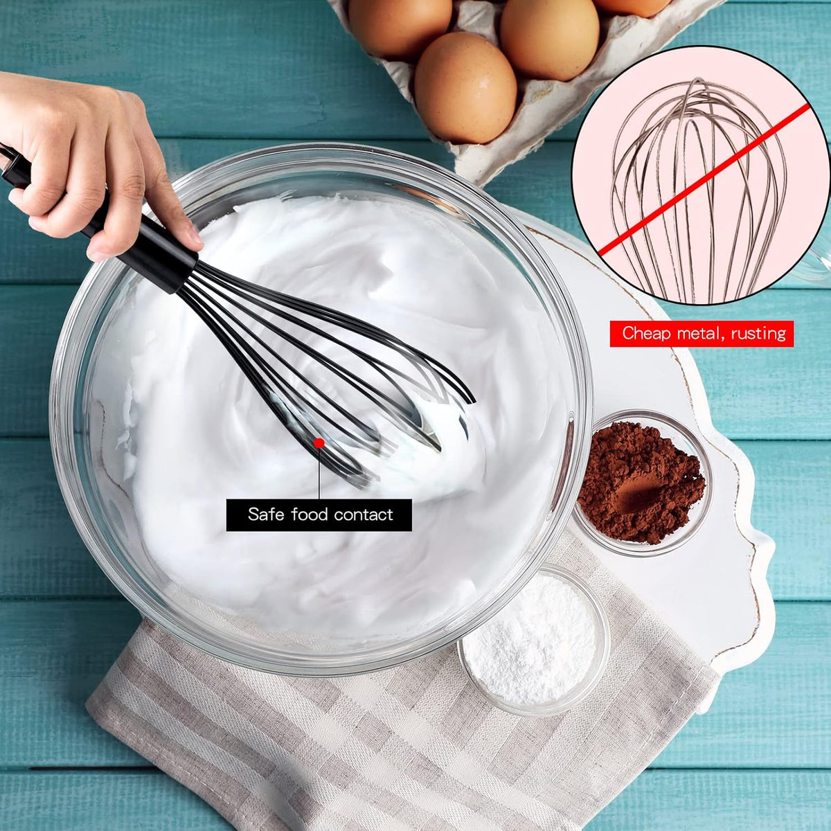 Silicone Whisk Set, Stainless Steel Handle, Heat Resistant Nonstick