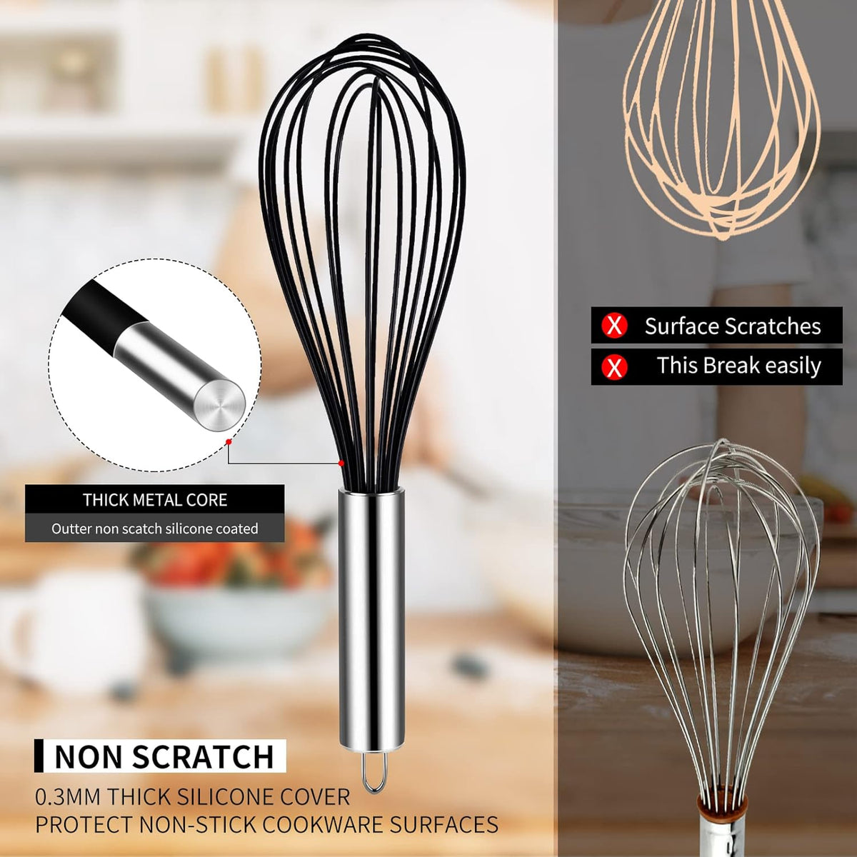 Silicone Whisk Set, Stainless Steel Handle, Heat Resistant Nonstick