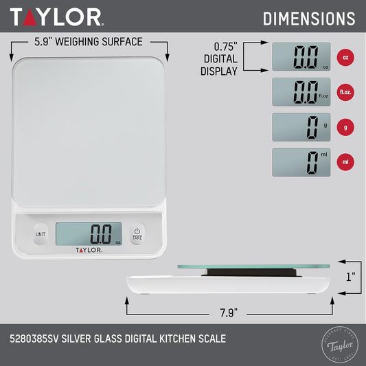 Glass Top Food Scale with Touch Controls, 11 lb Capacity, Sleek Silver Design, Accurate and Easy-to-Use Scale for Cooking and Baking