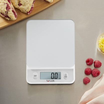 Glass Top Food Scale with Touch Controls, 11 lb Capacity, Sleek Silver Design, Accurate and Easy-to-Use Scale for Cooking and Baking