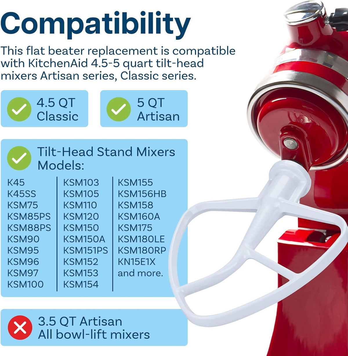 K45WW 6-Wire Whip for KitchenAid 4.5-5 Quart Tilt-Head Stand Mixers Artisan Series & Classic Series - Stainless Steel Attachment Egg Cream Stirrer - Cakes Mayonnaise Whisk - Dishwasher Safe