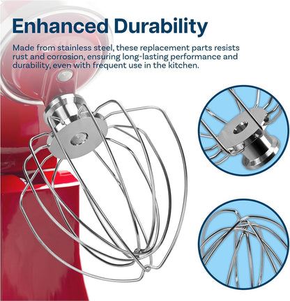 K45WW 6-Wire Whip for KitchenAid 4.5-5 Quart Tilt-Head Stand Mixers Artisan Series & Classic Series - Stainless Steel Attachment Egg Cream Stirrer - Cakes Mayonnaise Whisk - Dishwasher Safe
