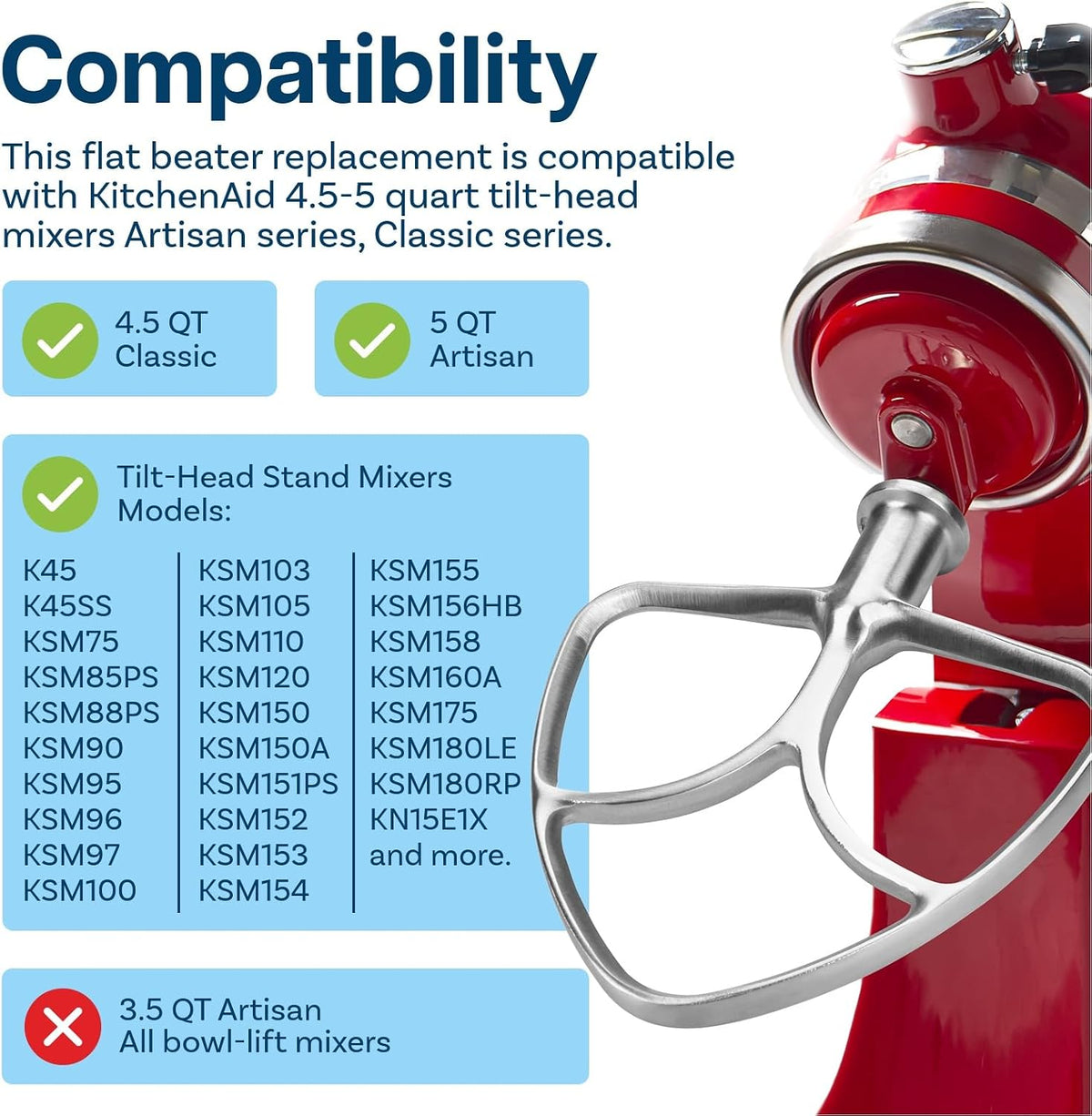 K45WW 6-Wire Whip for KitchenAid 4.5-5 Quart Tilt-Head Stand Mixers Artisan Series & Classic Series - Stainless Steel Attachment Egg Cream Stirrer - Cakes Mayonnaise Whisk - Dishwasher Safe