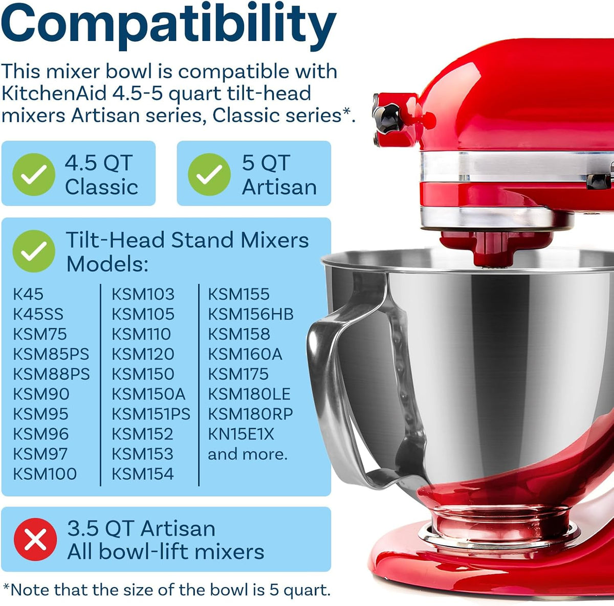 K45WW 6-Wire Whip for KitchenAid 4.5-5 Quart Tilt-Head Stand Mixers Artisan Series & Classic Series - Stainless Steel Attachment Egg Cream Stirrer - Cakes Mayonnaise Whisk - Dishwasher Safe