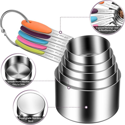10-Piece Measuring Cups and Spoons Set, 304 Stainless Steel with Color-Coded Handles, Engraved Markings Never Fade, Plastic Free, Dishwasher Safe, Includes 1/8 Cup & 1/4 Tsp