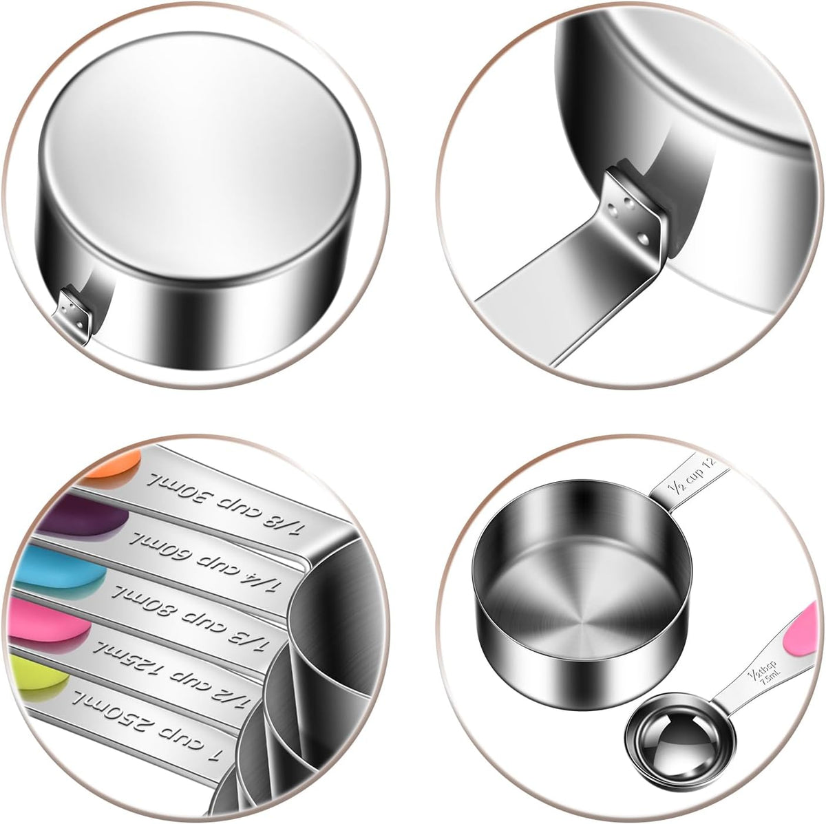 10-Piece Measuring Cups and Spoons Set, 304 Stainless Steel with Color-Coded Handles, Engraved Markings Never Fade, Plastic Free, Dishwasher Safe, Includes 1/8 Cup & 1/4 Tsp