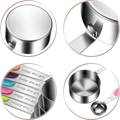 10-Piece Measuring Cups and Spoons Set, 304 Stainless Steel with Color-Coded Handles, Engraved Markings Never Fade, Plastic Free, Dishwasher Safe, Includes 1/8 Cup & 1/4 Tsp