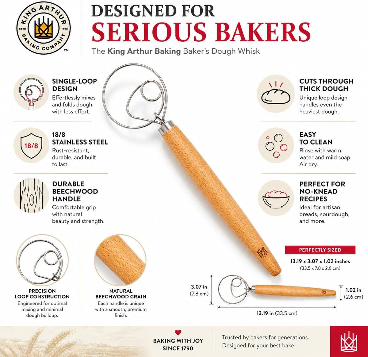 Baking Company Baker’s Dough Whisk, Single-Loop, 18/8 Stainless Steel, For Mixing Bread, Sourdough, Pizza, And Cookie Dough