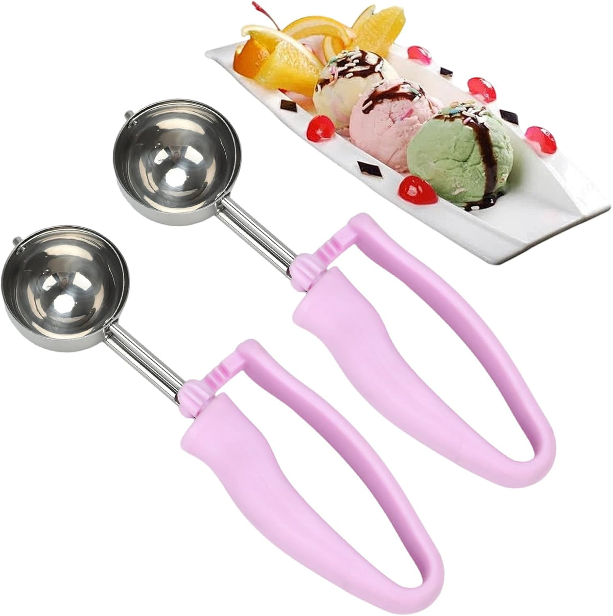 2pcs Ice Cream Scoops, 304 Stainless Steel Ice Cream Scoop with Trigger 4oz Portion Scoop Disher with Built-In Blade Ergonomic Ambidextrous Handle Perfect for Ice Cream, Cookie Dough, Rice (Purple)