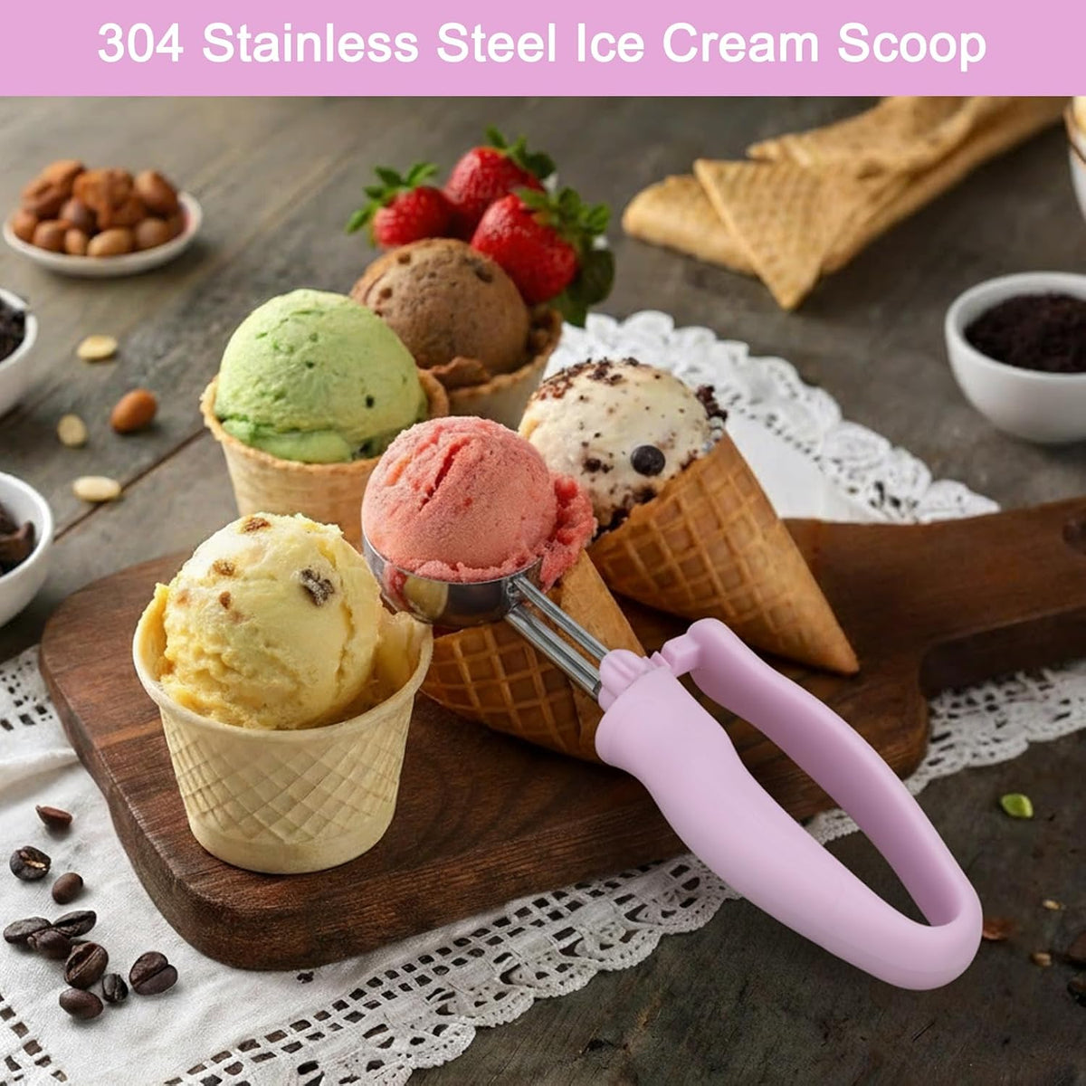 2pcs Ice Cream Scoops, 304 Stainless Steel Ice Cream Scoop with Trigger 4oz Portion Scoop Disher with Built-In Blade Ergonomic Ambidextrous Handle Perfect for Ice Cream, Cookie Dough, Rice (Purple)