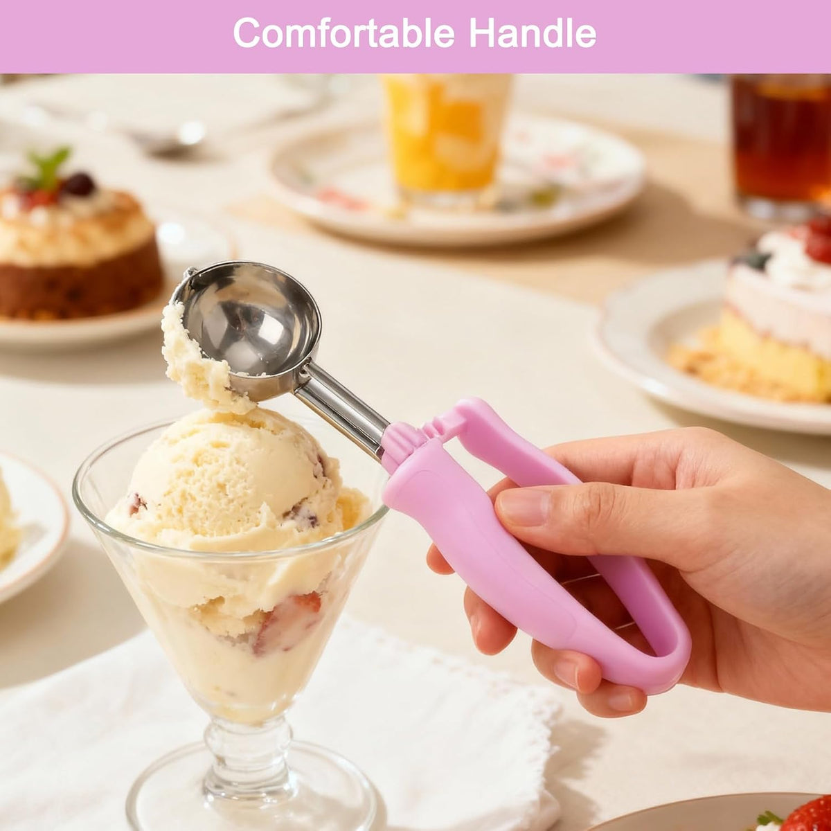 2pcs Ice Cream Scoops, 304 Stainless Steel Ice Cream Scoop with Trigger 4oz Portion Scoop Disher with Built-In Blade Ergonomic Ambidextrous Handle Perfect for Ice Cream, Cookie Dough, Rice (Purple)