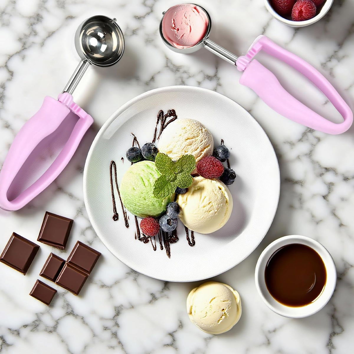 2pcs Ice Cream Scoops, 304 Stainless Steel Ice Cream Scoop with Trigger 4oz Portion Scoop Disher with Built-In Blade Ergonomic Ambidextrous Handle Perfect for Ice Cream, Cookie Dough, Rice (Purple)