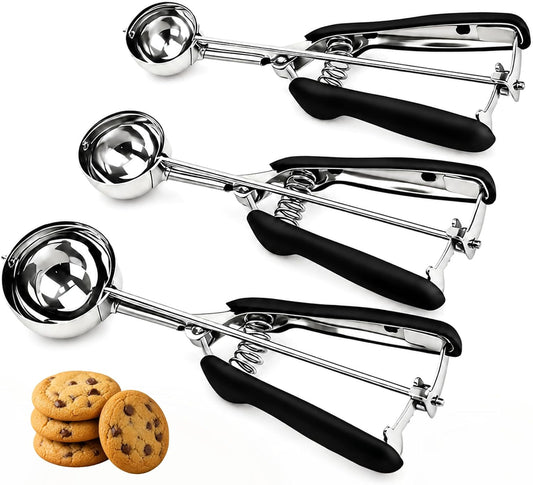Cookie Scoop Set, Cookie Scoops for Baking Set of 3, Small/Medium/Large Cookie Dough Scoop, 1/2/3 Tbsp Cookie Scoop with Trigger, 18/8 Stainless Steel, Non-Slip