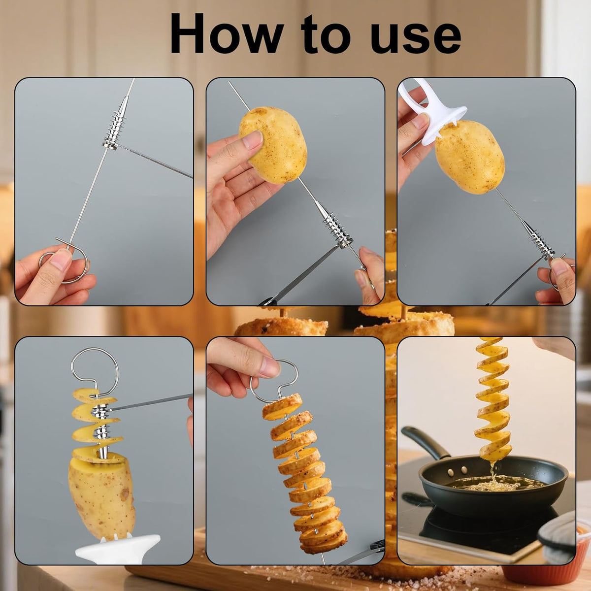 Tornado Spiral Potato Cutter Set, Manual Tornado Spiral Potato Cutter with 4pcs Stainless Steel Skewers Vegetable Spiralizer for Fry Chips Making Practical Kitchen Gadgets