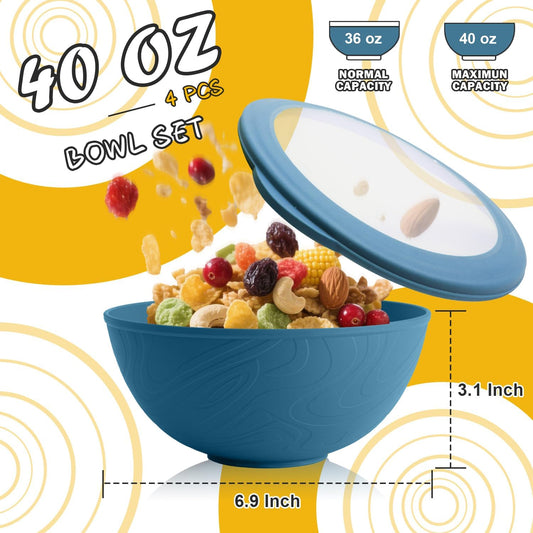 Wheat Straw Bowls Set with Lids, Unbreakable 40 OZ Cereal Bowls Set of 4, Salad Container for Lunch, Microwave & Dishwasher Safe Bowl Set for Kitchen, Picnic, RV, Camping, Multi