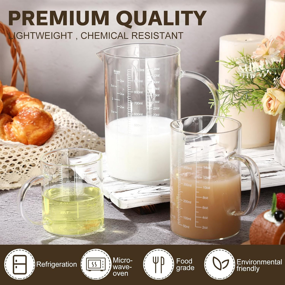 3 Pack High Borosilicate Glass Measuring Cups Set with Handle V Shaped Spout, 4, 2, 1 Cup 3 Scales (Oz, Cup, Ml) for Kitchen Restaurant Baking Cooking, Easy to Read, Clear(White Scale)