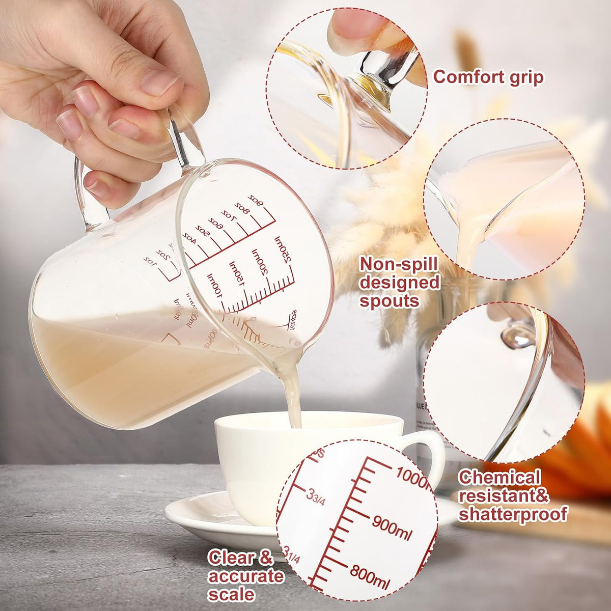 3 Pack High Borosilicate Glass Measuring Cups Set with Handle V Shaped Spout, 4, 2, 1 Cup 3 Scales (Oz, Cup, Ml) for Kitchen Restaurant Baking Cooking, Easy to Read, Clear(White Scale)