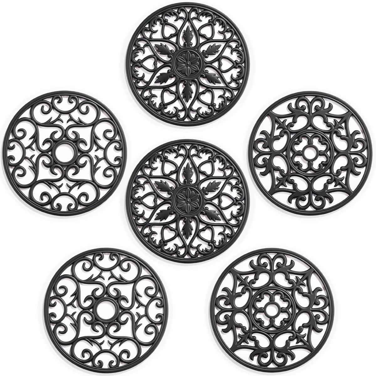 6 Set Silicone Trivet Mats for Hot Dishes Pots and Pans (Black) | Heat Resistant Pots and Pans Holders, Non-Slip Flexible Pads Coasters for Countertops Table, Modern Kitchen Decor Accessories