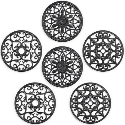 6 Set Silicone Trivet Mats for Hot Dishes Pots and Pans (Black) | Heat Resistant Pots and Pans Holders, Non-Slip Flexible Pads Coasters for Countertops Table, Modern Kitchen Decor Accessories