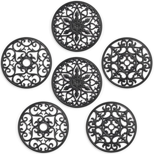 6 Set Silicone Trivet Mats for Hot Dishes Pots and Pans (Black) | Heat Resistant Pots and Pans Holders, Non-Slip Flexible Pads Coasters for Countertops Table, Modern Kitchen Decor Accessories