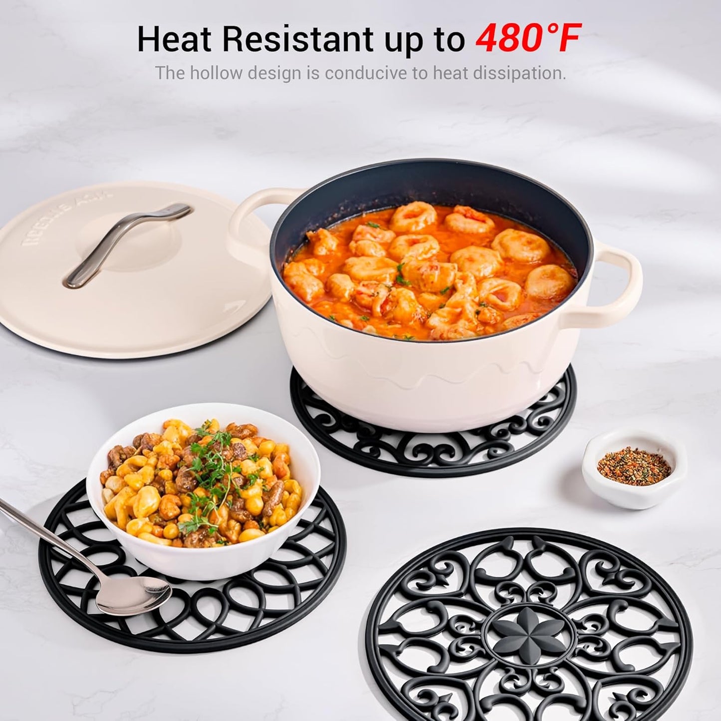6 Set Silicone Trivet Mats for Hot Dishes Pots and Pans (Black) | Heat Resistant Pots and Pans Holders, Non-Slip Flexible Pads Coasters for Countertops Table, Modern Kitchen Decor Accessories