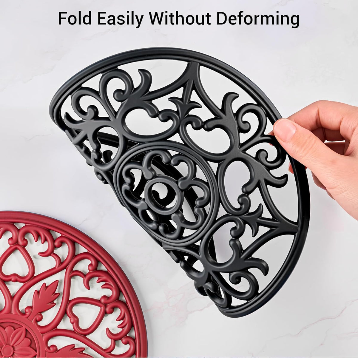 6 Set Silicone Trivet Mats for Hot Dishes Pots and Pans (Black) | Heat Resistant Pots and Pans Holders, Non-Slip Flexible Pads Coasters for Countertops Table, Modern Kitchen Decor Accessories