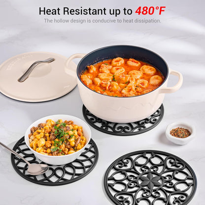 6 Set Silicone Trivet Mats for Hot Dishes Pots and Pans (Black) | Heat Resistant Pots and Pans Holders, Non-Slip Flexible Pads Coasters for Countertops Table, Modern Kitchen Decor Accessories