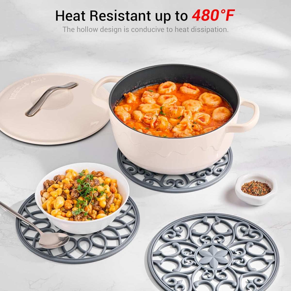 6 Set Silicone Trivet Mats for Hot Dishes Pots and Pans (Black) | Heat Resistant Pots and Pans Holders, Non-Slip Flexible Pads Coasters for Countertops Table, Modern Kitchen Decor Accessories