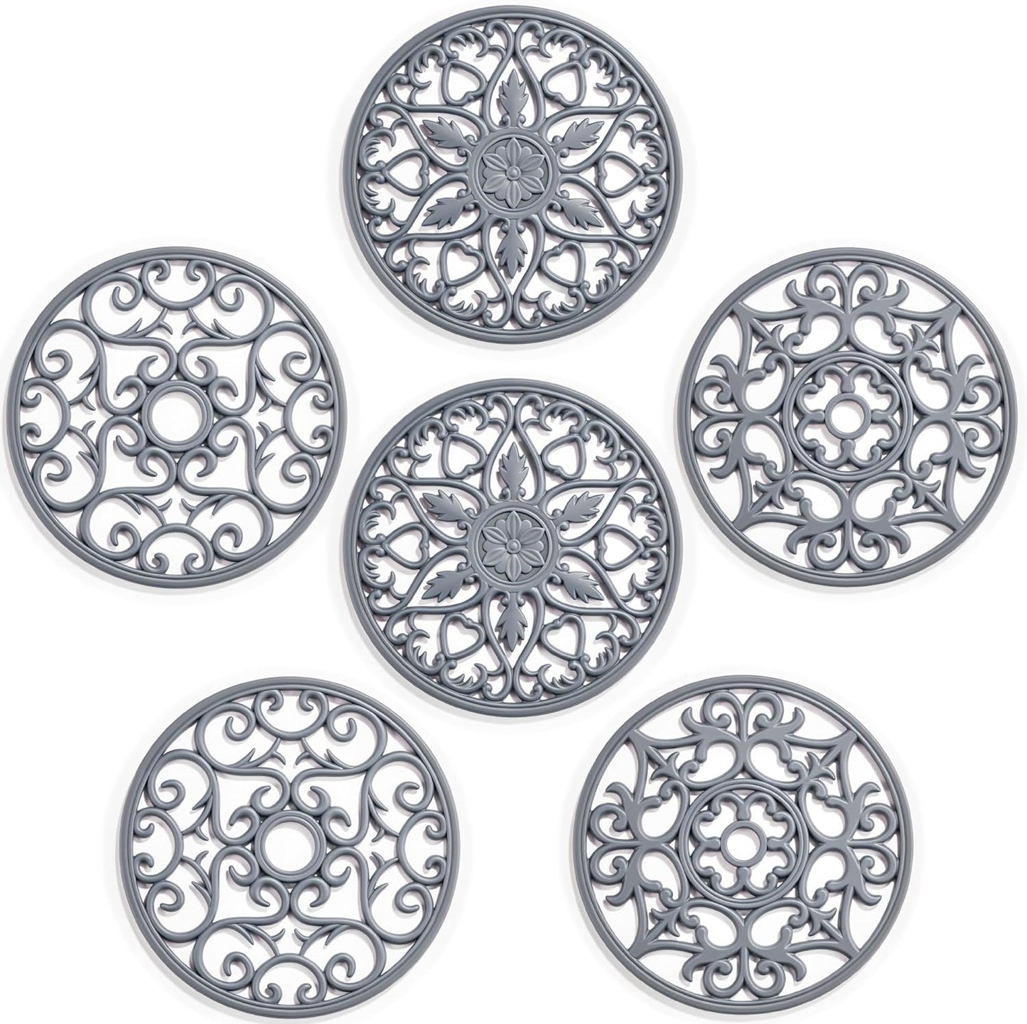 6 Set Silicone Trivet Mats for Hot Dishes Pots and Pans (Black) | Heat Resistant Pots and Pans Holders, Non-Slip Flexible Pads Coasters for Countertops Table, Modern Kitchen Decor Accessories