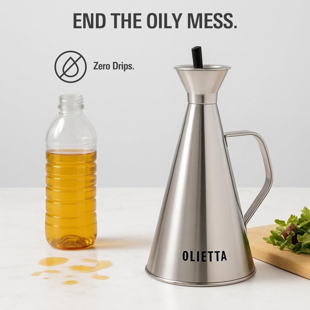 Olive Oil Dispenser Bottle, Stainless Steel Non-Drip Pourer 17 fl oz | Food-Grade Oil Bottle, Dishwasher-Safe, Light-Blocking Keeps Oil Fresh, Leakproof Drizzler for Cooking and Vinegar