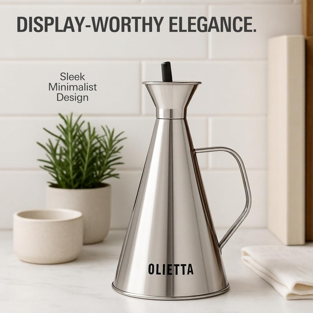 Olive Oil Dispenser Bottle, Stainless Steel Non-Drip Pourer 17 fl oz | Food-Grade Oil Bottle, Dishwasher-Safe, Light-Blocking Keeps Oil Fresh, Leakproof Drizzler for Cooking and Vinegar
