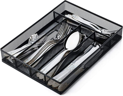 Utensil Drawer Organizer, Cutlery Tray Silverware Flatware Storage Divider for Kitchen, Mesh Wire with Non-slip Foam Feet, 5 Component, Black