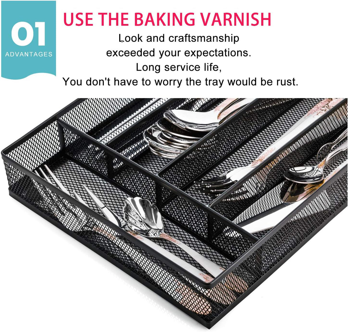 Utensil Drawer Organizer, Cutlery Tray Silverware Flatware Storage Divider for Kitchen, Mesh Wire with Non-slip Foam Feet, 5 Component, Black