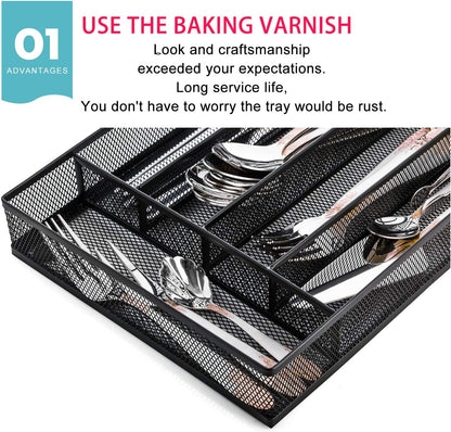 Utensil Drawer Organizer, Cutlery Tray Silverware Flatware Storage Divider for Kitchen, Mesh Wire with Non-slip Foam Feet, 5 Component, Black