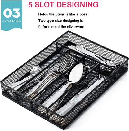 Utensil Drawer Organizer, Cutlery Tray Silverware Flatware Storage Divider for Kitchen, Mesh Wire with Non-slip Foam Feet, 5 Component, Black