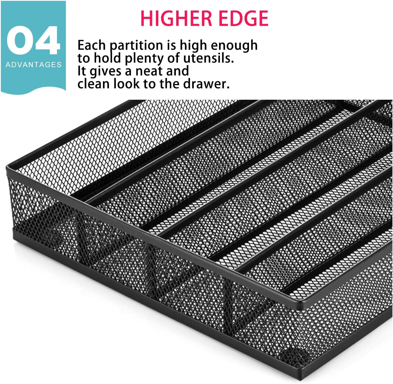 Utensil Drawer Organizer, Cutlery Tray Silverware Flatware Storage Divider for Kitchen, Mesh Wire with Non-slip Foam Feet, 5 Component, Black
